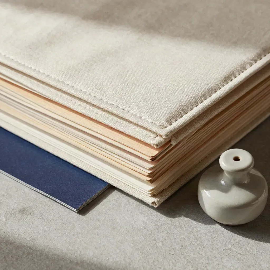 Kotak perancangan persaraan berlapis kain linen, kayu pucat dan pemberat seramik di atas permukaan plaster.