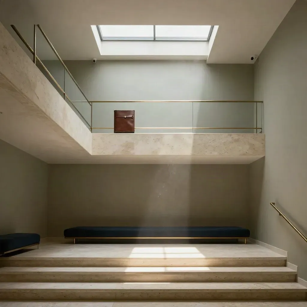 Dewan tangga travertine disinari skylight, suasana premium dan tenang, dengan cahaya tengah hari.