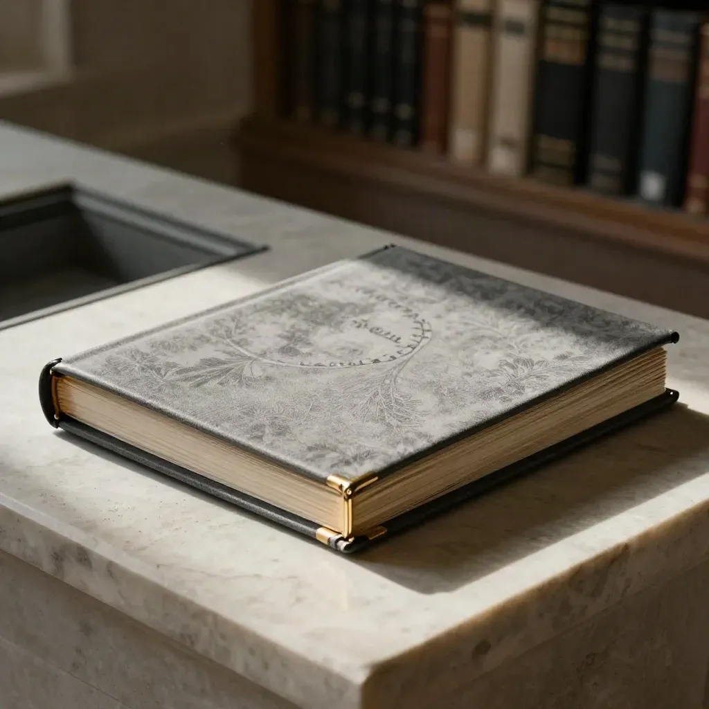 Folio waris ringkas di atas batu pucat dengan cahaya senja dan habuk halus.